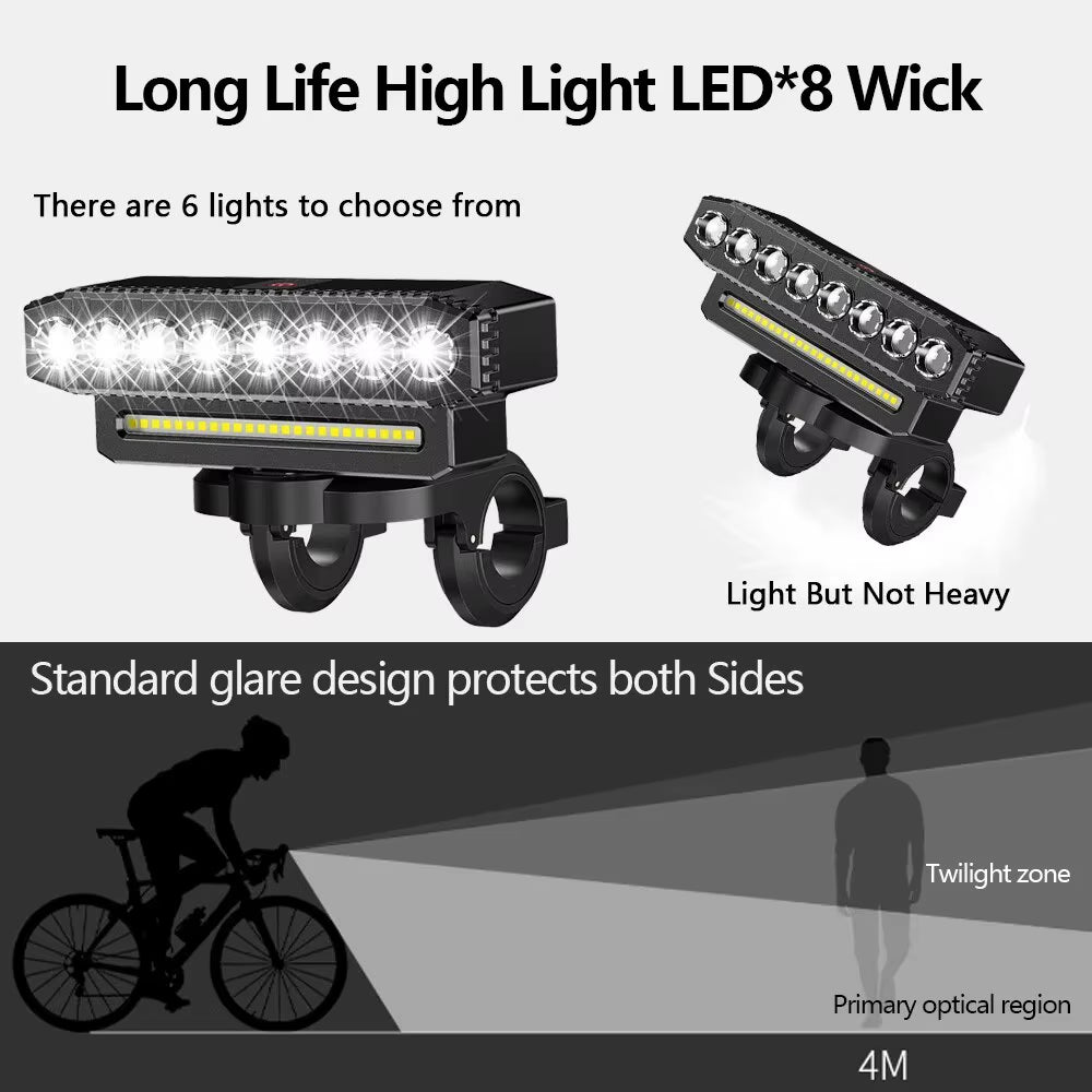 5/8 LED Bicycle Front Light USB Rechargeable 130Db Cycling Bike Horn Easy to Install 6 Modes Bicycle Bell Light