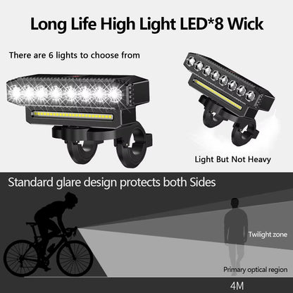 5/8 LED Bicycle Front Light USB Rechargeable 130Db Cycling Bike Horn Easy to Install 6 Modes Bicycle Bell Light